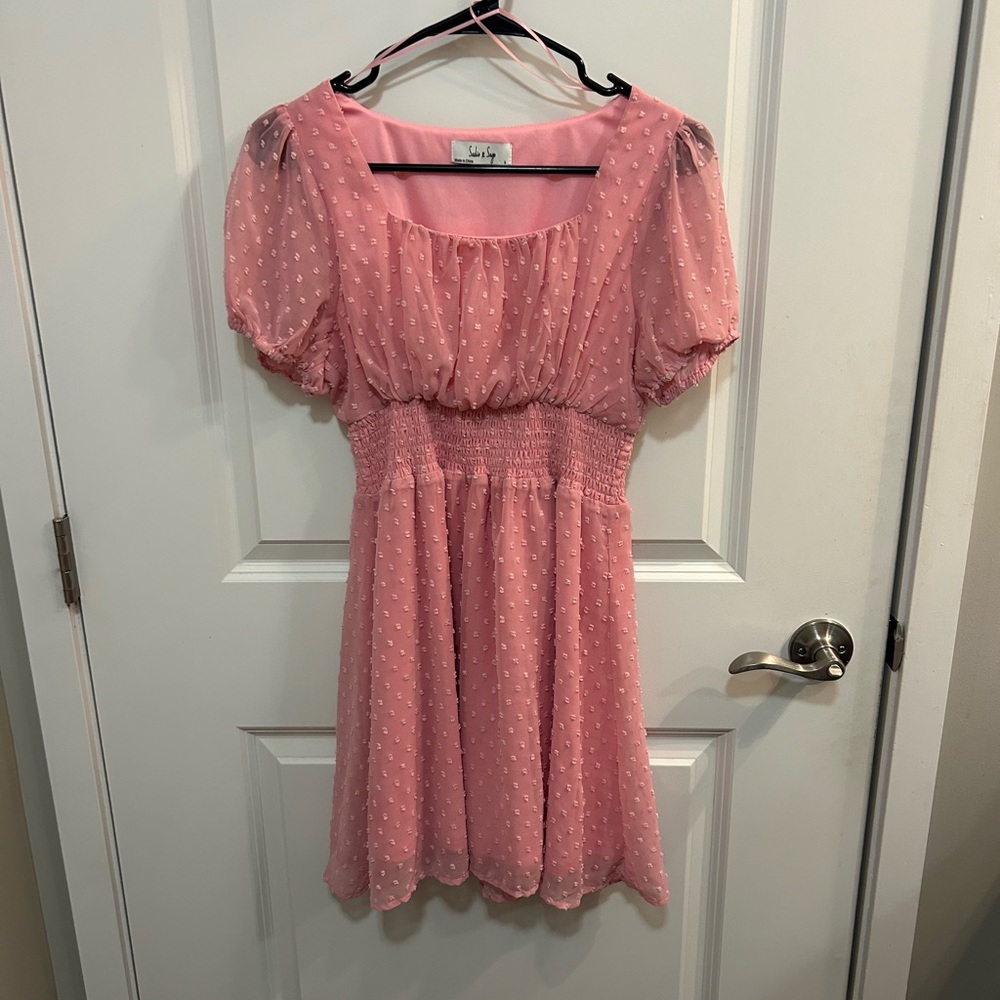 Sadie and Sage Pink Polka Dot Textured Smocked Dress with Puff Sleeves Size S